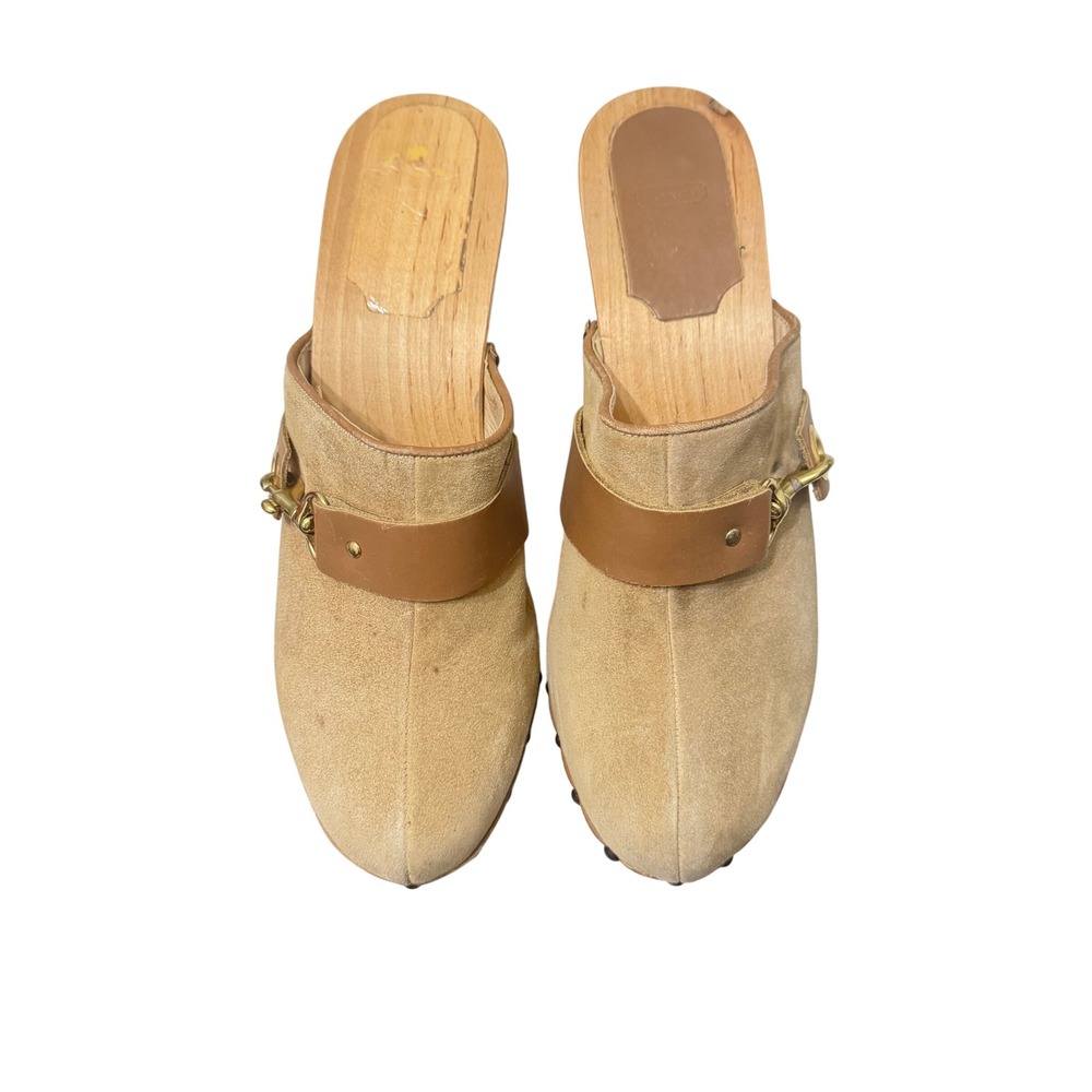 Coach Felicia Suede Wood Mule Clogs Made in Italy Gold Tan Size 10 - Picture 3 of 14